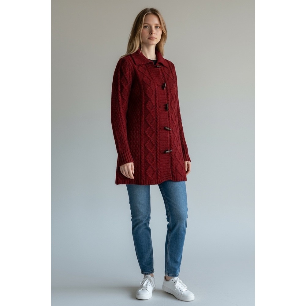 Lands End Drifter Womens Medium Red Toggle Button Cable Knit Cardigan Sweater